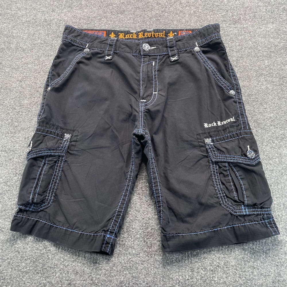 Rock Revival Cargo Shorts Mens 34 Black Classic Ripstop Blue Stitch RDE1170-1